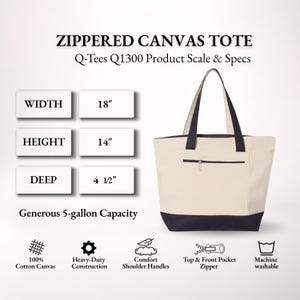 Peut inclure: Sac fourre-tout en toile crème avec des détails bleu marine. Il possède une fermeture éclair sur le dessus et une poche avant. Dimensions : 45,7 cm de large, 35,6 cm de haut et 11,4 cm de profondeur. Fabriqué en toile 100 % coton, construction robuste.