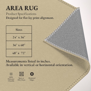 May include: Tan area rug with a gray backing and white stitching. The rug is available in three sizes: 24" x 36", 36" x 60", and 48" x 72". The rug is made of 100% polyester chenille and is spot or dry clean only. The edges are hemmed.