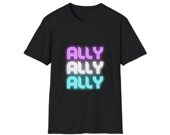 May include: Black t-shirt with the word "ALLY" repeated three times in neon pink, white, and blue.