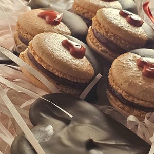 Chocolate Dipped Heart Macarons (Choice of Strawberry or Cherry Crème Filling)