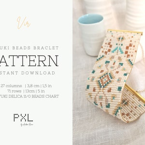 Può includere: Uno schema per braccialetto di perline con un design geometrico in perline bianche, beige, marroni e turchesi. Lo schema misura 3,8 cm di larghezza e 13 cm di lunghezza. Lo schema è per perline Miyuki Delica 11/0.