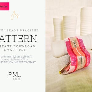 Può includere: Un braccialetto di perline rosa, arancio e bianco con una chiusura dorata. Il braccialetto è lungo 12,07 cm e largo 3,5 cm. L'immagine include anche il testo "MIYUKI BEADS BRACELET PATTERN INSTANT DOWNLOAD SMART PDF 27 columns | 3.5 cm | 1.28 in 71 rows | 12.07cm | 4.75 in MIYUKI DELICA 11/0 BEADS CHART PXL by often l"