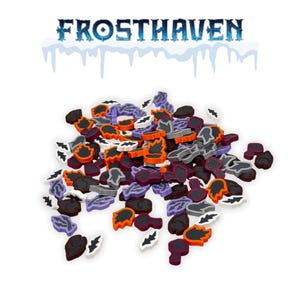 Könnte beinhalten: Eine Sammlung farbenfroher Spielsteine in verschiedenen Formen und Größen, darunter Blatt-, Flammen- und Schilddesigns. Die Teile sind in Orange-, Lila-, Grau- und Schwarztönen gehalten. Das Wort "FROSTHAVEN" wird in blauer Schrift über den Teilen angezeigt.