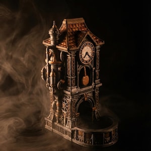 Könnte beinhalten: Eine detaillierte Steampunk-Uhrturm-Figur. Die Uhr hat ein rundes Zifferblatt mit römischen Ziffern, ein Pendel und ein kupferfarbenes Dach. Der Turm ist eine Mischung aus metallischen Farben und komplizierten mechanischen Details.