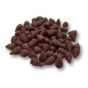 May include: A large pile of brown pine cones. The cones are all different sizes and shapes, and they are arranged in a random pattern.