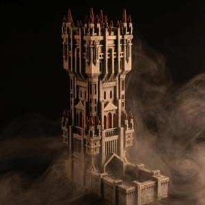 May include: A detailed miniature castle tower, constructed to resemble stone. The tower has multiple levels, arched windows, and red accents on the spires. The structure is set against a smoky backdrop, creating a fantasy theme.