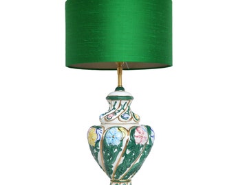 Table lamp Green with Silk Lampshade, Capodimonte Ceramic Lamp Vintage Design | Lauren S