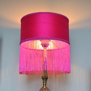 Pink Lampshade with Fringes | Hot Pink Silk Shade with Golden Interior in Art Deco Style Handmade by Lauren S