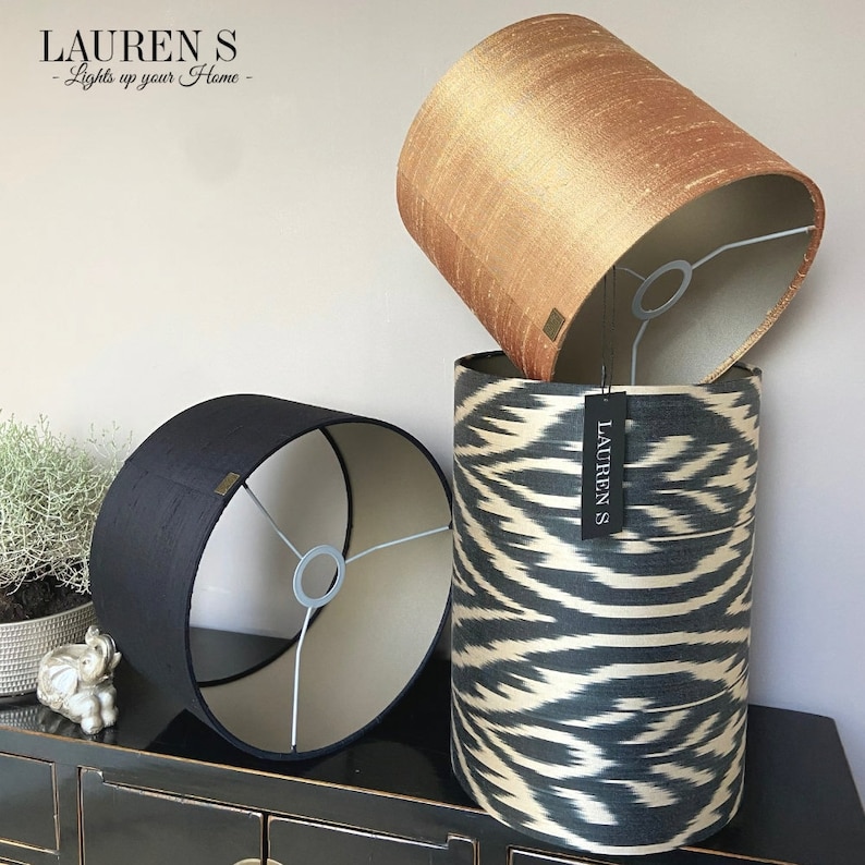 Lampenkap Ikat Zijde Zwart Beige Taupe Lamp Smal en Hoog en Handgemaakt Lauren S afbeelding 3