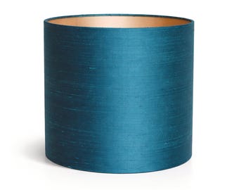 Petrol Teal Silk Round Lampshade with Gold Interior, Luxury Handmade Custom Lampshades Green Blue Interior | Lauren S