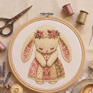 Vintage Bunny Cross Stitch, Cottagecore Patchwork Rabbit PDF, Floral Crown Embroidery, Summer Decor