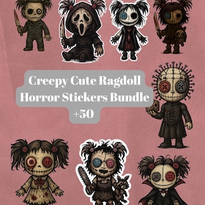 Creepy Cute Ragdoll Horror Sticker Bundle | 50+ Spooky Kawaii PNGs | Halloween Digital Download | Scary Doll Clipart Pack