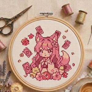 May include: A circular wooden embroidery hoop containing a cross-stitch pattern of a pink-haired anime-style character surrounded by small pink flowers and shapes, accompanied by vintage metal scissors, sewing thread spools, and a needle.