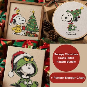 May include: A collection of Snoopy Christmas cross-stitch patterns. The patterns feature Snoopy in festive outfits, including a Santa hat and a Christmas tree costume. The image includes framed and hoop cross-stitch designs, along with gift-wrapped presents.
