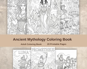 Libro para colorear de mitología antigua, páginas para colorear para adultos, arte de dioses míticos imprimible