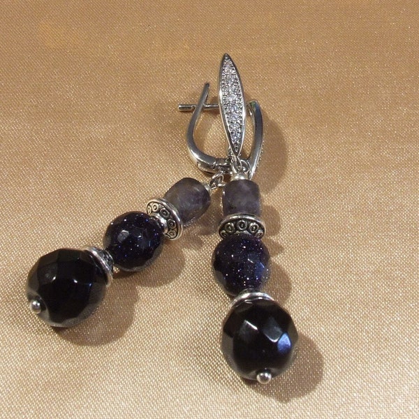 Elegant Handcrafted Black Agate & Rhinestone Dangle Earrings - 'Abbacy of Downton' - Gift for her