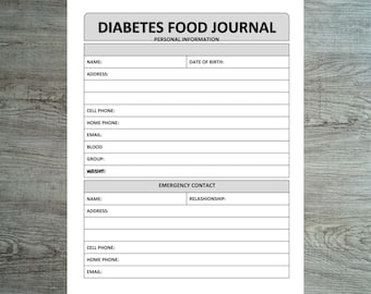 DIGITAL DOWNLOAD Blood Sugar Tracker, Type 2 diabetes Journal, Printable Blood Sugar Log Book, Diabetes Planner, Diabetic Food Log