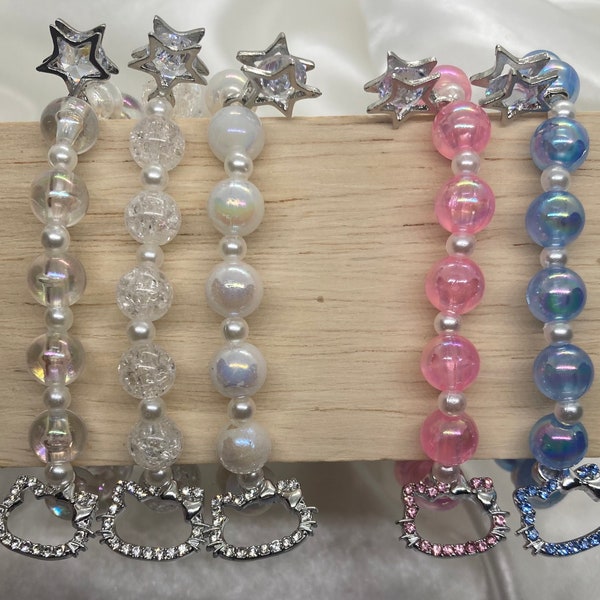 Hello Kitty Sanrio Bead Bracelet; Color/Clear Quartz 8MM & Pearl/Gold 4MM Beads | Hello Kitty Rhinestone Charm + Star Charms Pendants