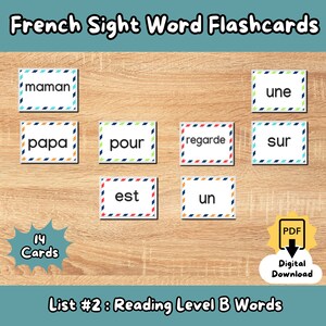 Pode incluir: Um conjunto de 14 flashcards de palavras de vista francesas para o nível de leitura B. Os flashcards apresentam palavras como "maman", "papa", "pour", "regarde", "sur", "est", "une" e "un".