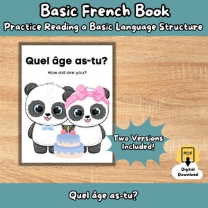 Puede incluir: Un libro de aprendizaje de francés imprimible con dos adorables pandas sosteniendo un pastel de cumpleaños. El título del libro es "Quel âge as-tu?", que se traduce como "¿Cuántos años tienes?" en español. El libro está disponible como descarga digital en formato PDF.