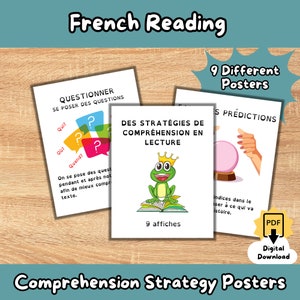 Peut inclure: Neuf affiches colorées en français pour les stratégies de compréhension en lecture. Chaque affiche présente une stratégie différente, comme le questionnement, la prédiction et l'utilisation d'indices contextuels. Les affiches sont illustrées avec des images de dessins animés.