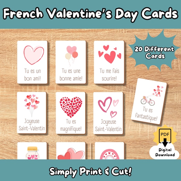 Cartes de Saint-Valentin en français (ressources pédagogiques, apprendre le français, cours de français, cartes de la Saint-Valentin, imprimables, école, amis)