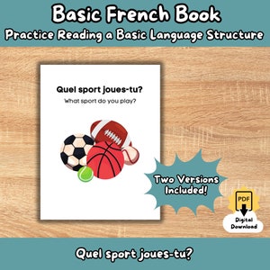 Puede incluir: Una tarjeta blanca con la frase francesa "Quel sport joues-tu?" que se traduce como "¿Qué deporte practicas?" La tarjeta presenta una ilustración colorida de varios balones deportivos, incluyendo un balón de fútbol, un balón de baloncesto, un balón de béisbol, una pelota de tenis y un balón de fútbol americano.
