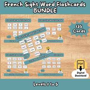 フランス語の視覚単語フラッシュカード（バンドル 1-5） - 基礎フランス語学習、教室で印刷できるフラッシュカード、読解レベル、基礎フランス語語彙