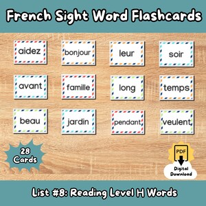 Può includere: Un set di 28 flashcard di parole di vista francesi con parole come "aidez", "bonjour", "leur" e "soir". Le flashcard sono progettate con un bordo colorato e sono disposte in una griglia su una superficie di legno. Il testo "Elenco #8: Parole di livello di lettura H" è visualizzato nella parte inferiore dell'immagine.