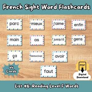 Puede incluir: Un conjunto de 44 tarjetas de palabras de vista francesas para el nivel de lectura F. Las tarjetas presentan palabras como "parc", "mieux", "j'aime", "enfin", "main", "as", "jusqu'à", "gens", "ga", "beaucoup", "avoir" y "faut".
