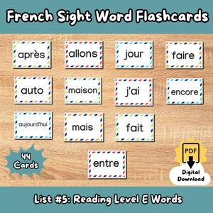 Può includere: Flashcard di parole francesi con parole come "après" e "maison" su schede bianche con bordi colorati. L'immagine include il testo "44 Carte" e "Lista n. 5: Parole di livello E di lettura". Download digitale disponibile.