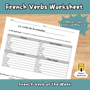 May include: A French verb worksheet with a table to conjugate the verb of the week in the present, past, and future tenses. The worksheet includes the pronouns "Je/J", "Tu", "Il, Elle", "Nous", "Vous", and "Ils, Elles".