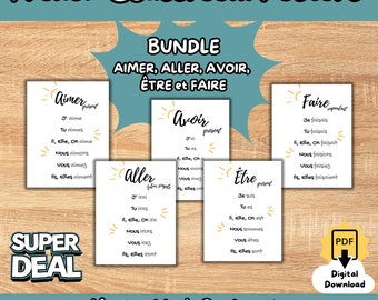 May include: A set of five colorful French verb conjugation posters with a sun graphic and the words "Aimer", "Aller", "Avoir", "Être", and "Faire". Each poster features the verb conjugation in the present and imperfect tenses.