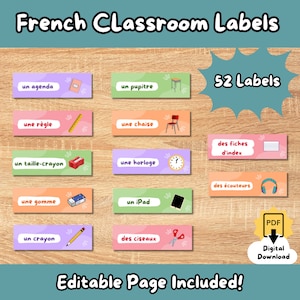 Op de afbeelding: Een set van 52 kleurrijke klaslabels in het Frans. De labels bevatten illustraties van klasvoorwerpen, zoals een bureau, een stoel, een klok en een potlood. De tekst op de labels bevat woorden als "un agenda", "une règle" en "un crayon". De labels zijn ontworpen om te worden afgedrukt en gebruikt in een klaslokaal. De tekst "Bewerkbare pagina inbegrepen!" is ook op de afbeelding te zien.
