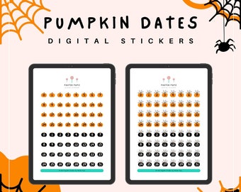 Halloween Pumpkin Date Stickers – Digital Planner Stickers for GoodNotes and PNG – 128 Pre-Cropped Stickers in Orange and Black