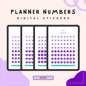 Purple Number Stickers, Digital Date Stickers for Planners and Diaries, Pre-Cropped Digital Stickers for GoodNotes and PNG Sticker Sheet