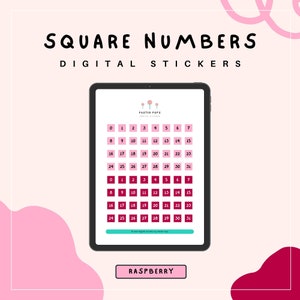 May include: A digital tablet displays raspberry-colored square number stickers from 0-31. The text "SQUARE NUMBERS DIGITAL STICKERS" is at the top. The word "RASPBERRY" is at the bottom. The stickers are designed by Paster Pops.