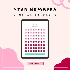 May include: A digital tablet shows "STAR NUMBERS DIGITAL STICKERS" with raspberry-coloured star-shaped stickers numbered 0-31. The stickers are arranged in rows. The word "RASPBERRY" is at the bottom.