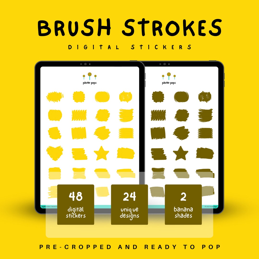 Yellow Paint Brush Stroke Digital Stickers, 24 Unique Paint Brush ...
