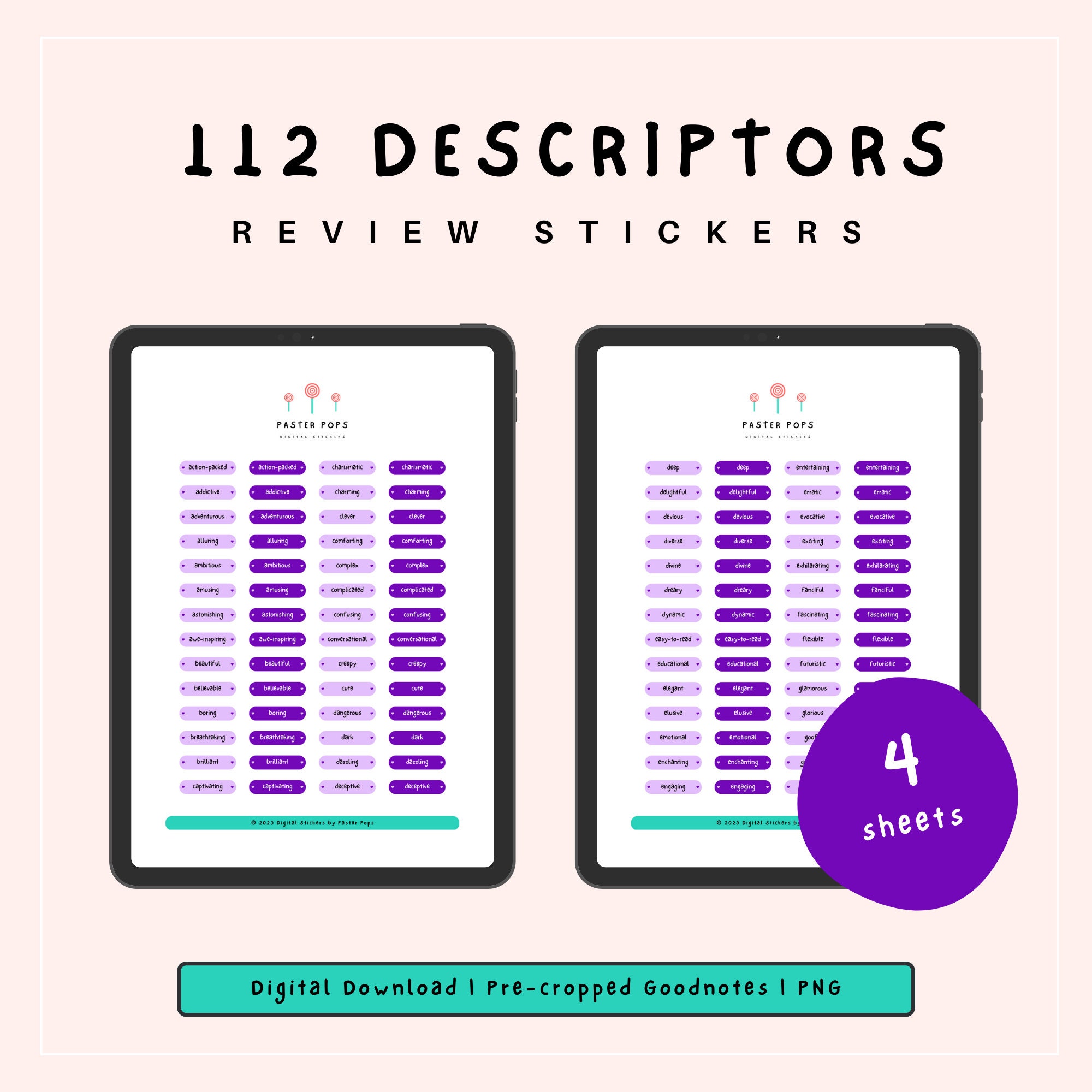 Purple Book Review Digital Stickers, Descriptions for Book Reviews