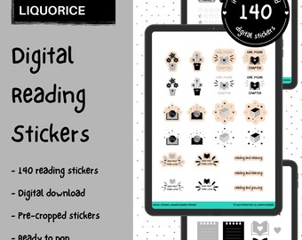 May include: A digital download of 140 black and white reading stickers. The stickers feature illustrations of books, plants, and text such as "One More Chapter" and "Read First, Think Later".