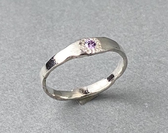 Handmade Sterling Silver Live Edge Ring, Lavender Cubic Zirconia Ring, Organic Minimalist Design