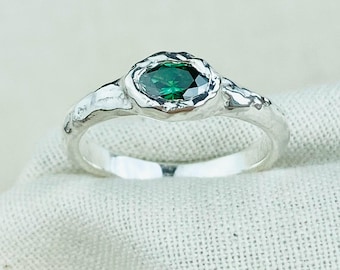 Molten Sculptural Sterling Silver Ring, Emerald Green Gemstone, Handmade Organic Design