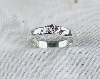 Organic Molten Sterling Silver Ring, Sandcast Design, Pink Gemstone, Unique Engagement Ring