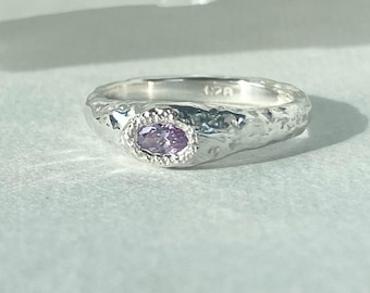 Molten Sterling Silver Ring, Lavender Cubic Zirconia Engagement Ring, Handmade Organic Sculptural Design