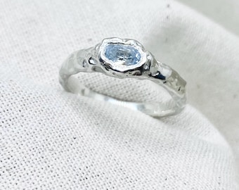 Handmade Sterling Silver Molten Sculptural Ring, Natural Aquamarine Gemstone, Organic Design