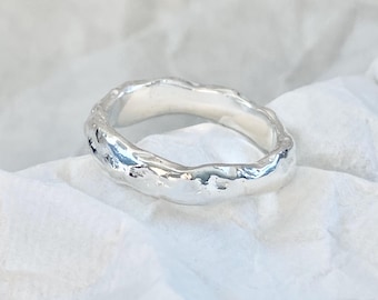 Organic Sculptural Sterling Silver Ring, Handsculpted Sandcast Wedding Band, Smooth Comfortable Fit