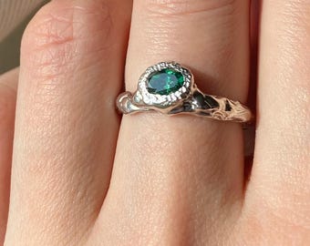 Molten Sterling Silver Ring, Handmade Sculptural Ring, Emerald Cubic Zirconia, Organic Statement Piece