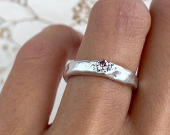 Organic Molten Sterling Silver Ring, Sandcast Design, Pink Gemstone, Matte Finish, Unique Engagement Ring