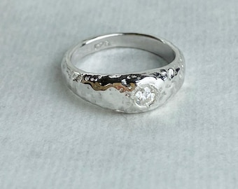 Moissanite Domed Sterling Silver Ring, Handmade Molten Organic Sculptural Ring, One of a Kind